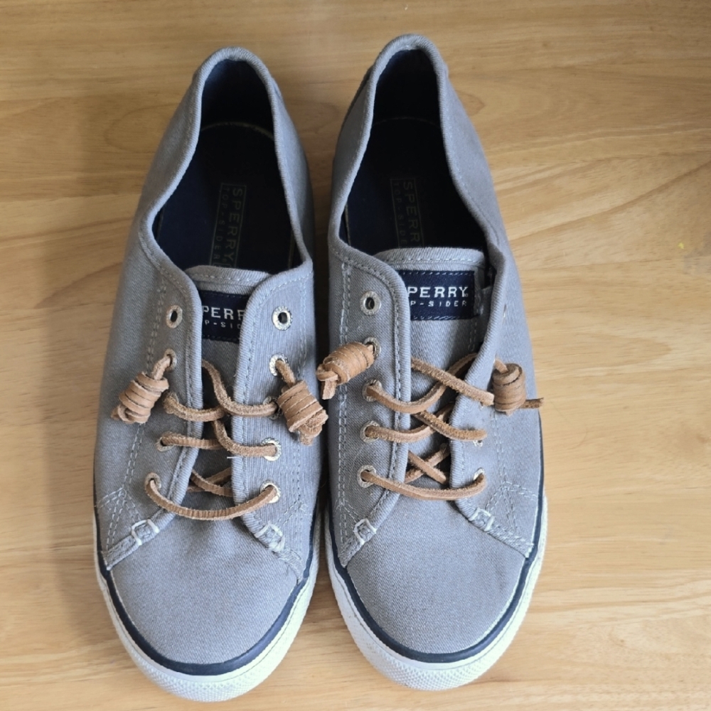Sperry Top Sider Gray/Beige Canvas Sneakers with Leather Laces, Womens Size 8